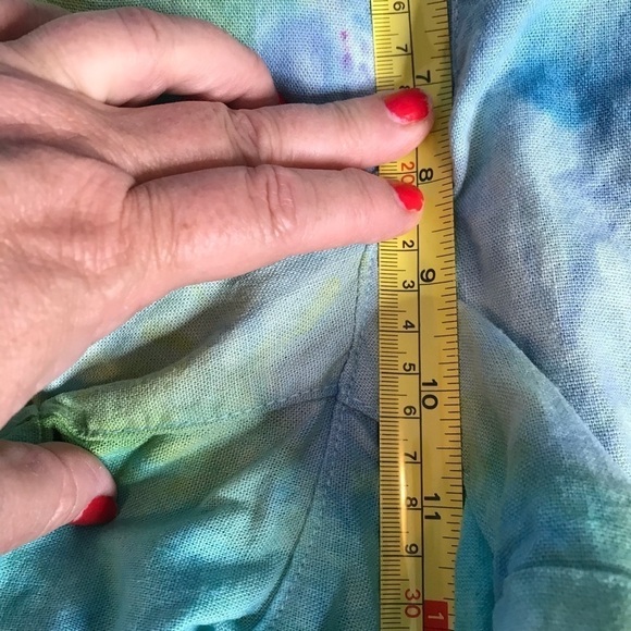 Hand tie dyed shorts rayon linen L ocean colors green blue yellow - Picture 9 of 10